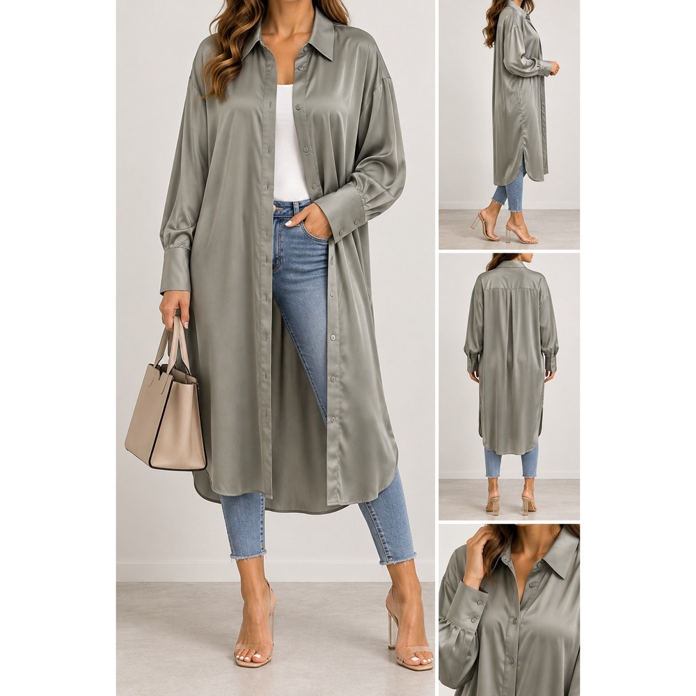 H&M Satin Longline Shirt Dress Womens Medium Sage Green 1005002 5 Button Up